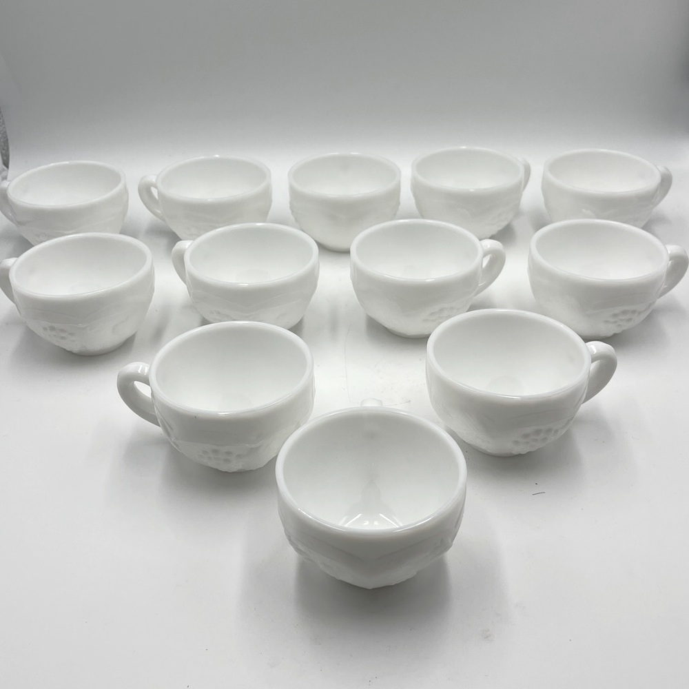 SMITH GLASS: Vintage 12 White Milk Glass Punch Bowl Cups in Grapes/Leaf Pattern